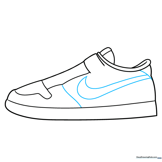 Drawing the iconic Nike Swoosh logo on the side of the shoe.