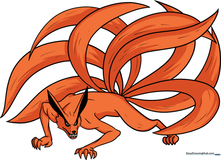A vibrant, finished illustration of a nine-tailed fox character, ready for coloring.