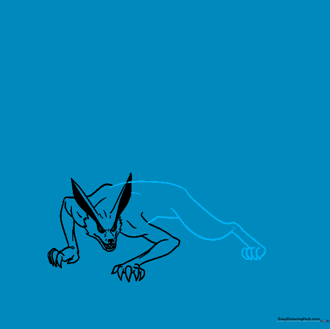 Outlining the fox's back, belly, and rear leg to complete the main body shape.