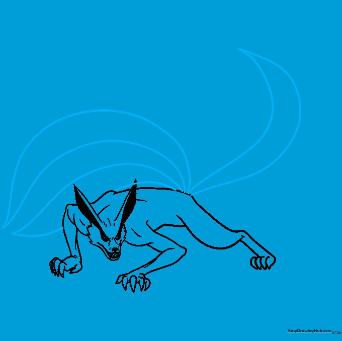 Drawing the first three long, flowing tails of the nine-tailed fox.