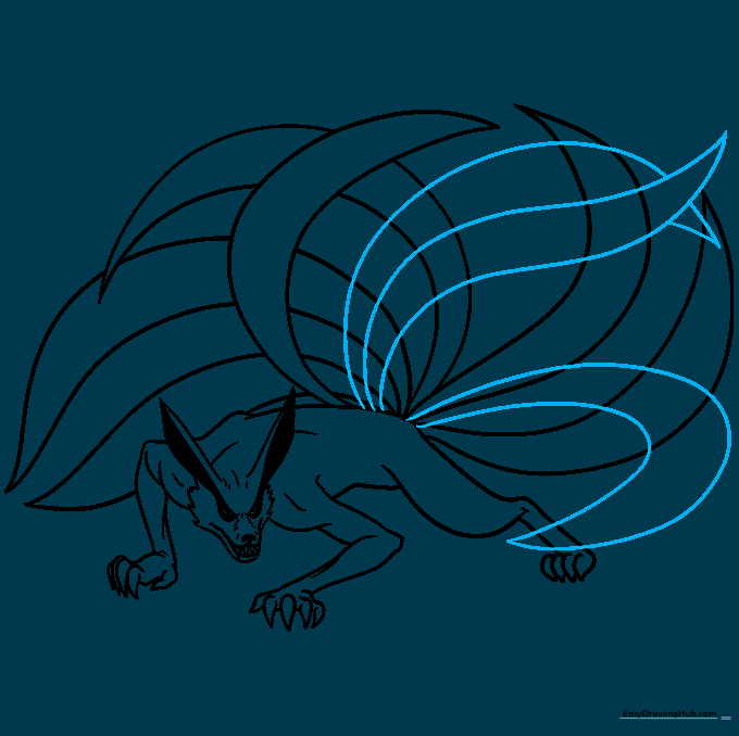 Finalizing the nine tails by adding the last three and cleaning up overlapping lines.
