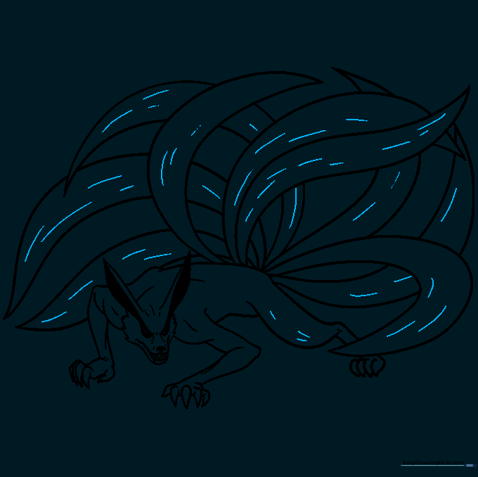Adding fine fur texture lines across the fox's body and tails for a finished look.