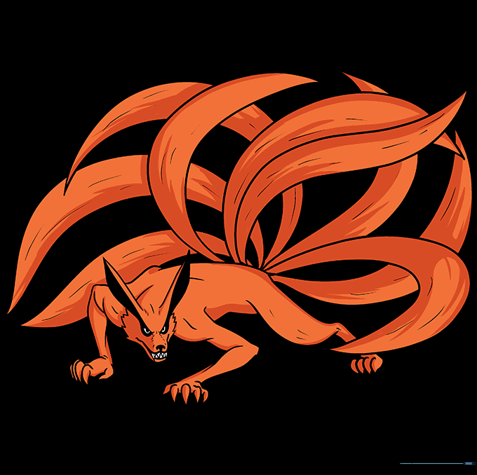 The completed nine-tailed fox drawing, fully colored with orange and brown tones.