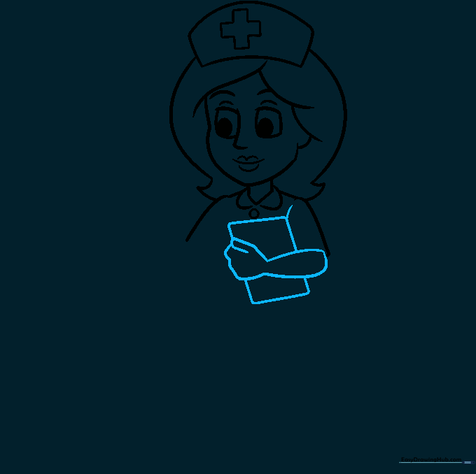 Sketching the nurse's arm holding a clipboard.