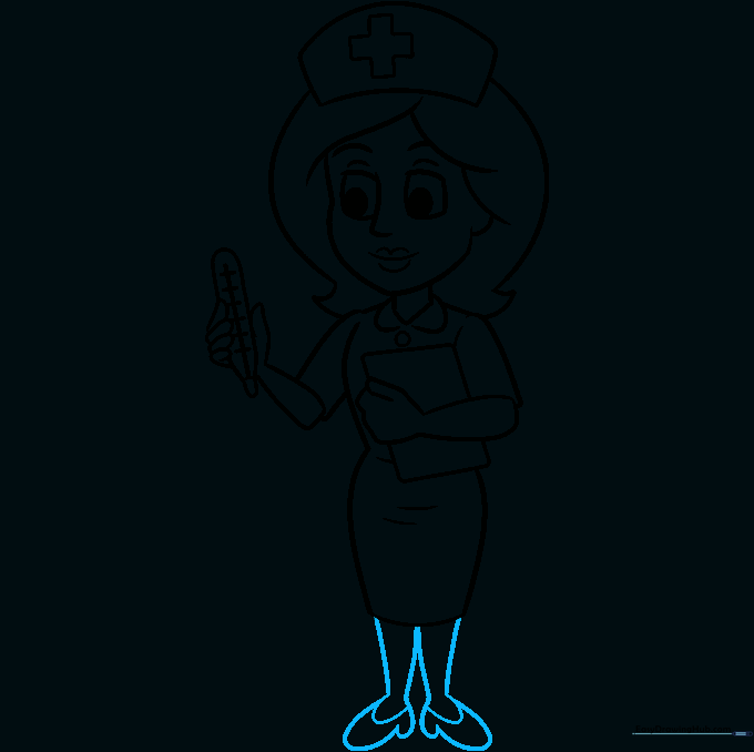 Completing the drawing with legs and shoes.