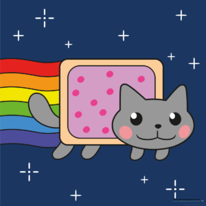 A colorful, finished Nyan Cat drawing featuring a rainbow trail and starry space background.