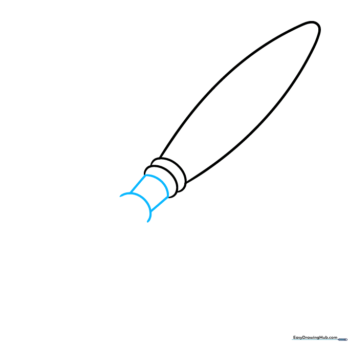 Drawing the start of the paintbrush handle using diagonal lines connecting two curved shapes.