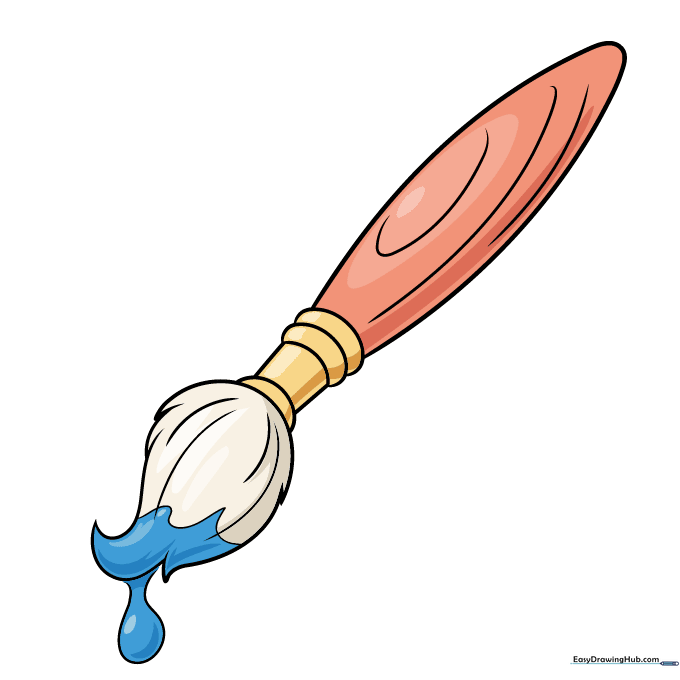 A fully colored paintbrush drawing with a reddish-orange handle, gold ferrule, and blue paint.
