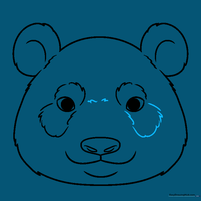 Completed line art of a panda face with final fur texture details
