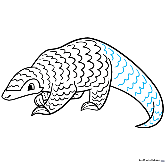 Completing the scale texture on the pangolin's tail.