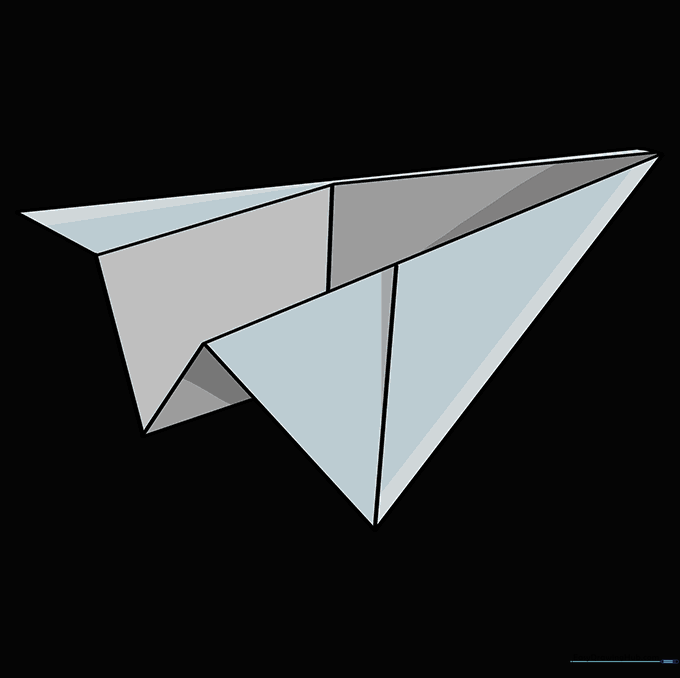 The finished paper airplane drawing with soft pencil shading applied for depth.