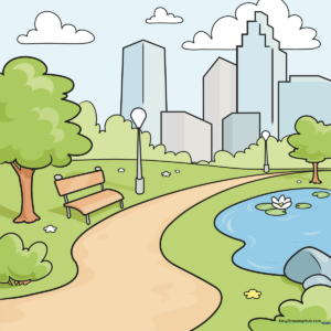 Colorful illustration of a city park with a pond, trees, and a city skyline.