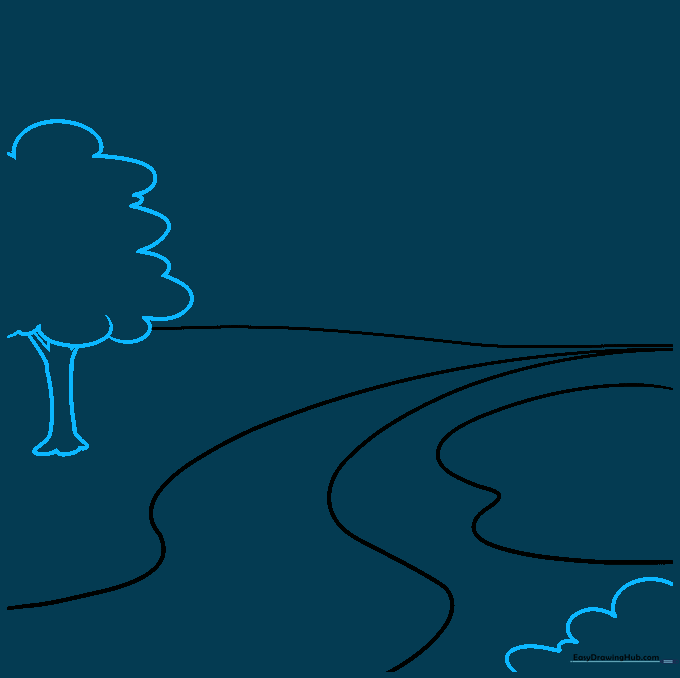 Drawing of a tree with a fluffy crown and a simple trunk added to the landscape scene.