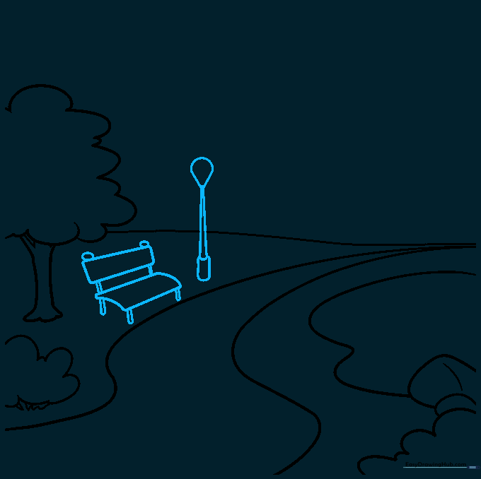 Sketch of a park bench and a tall lamp post added to the foreground.