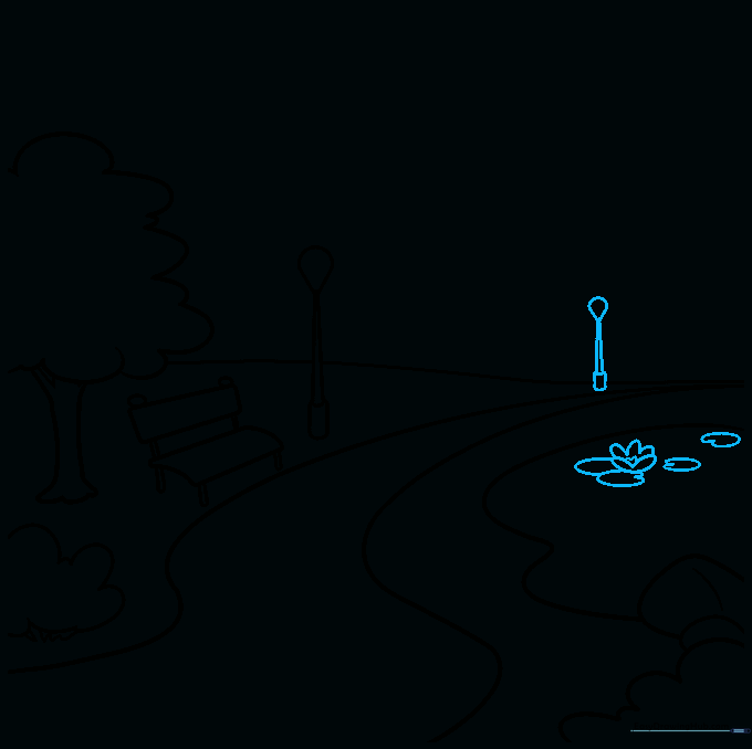Adding a distant lamp post and small lily pads floating on the pond.