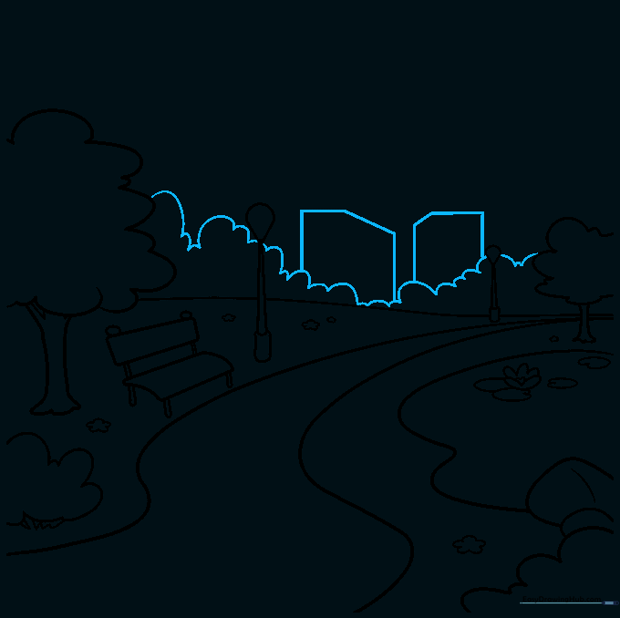 Sketching a city skyline with rectangular buildings behind the park trees.