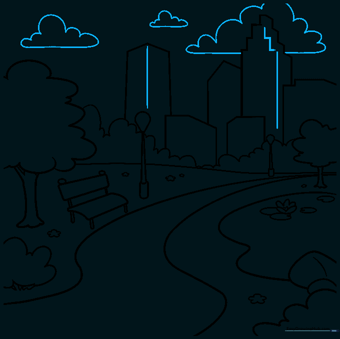 Finalizing the drawing with building windows and clouds in the sky.