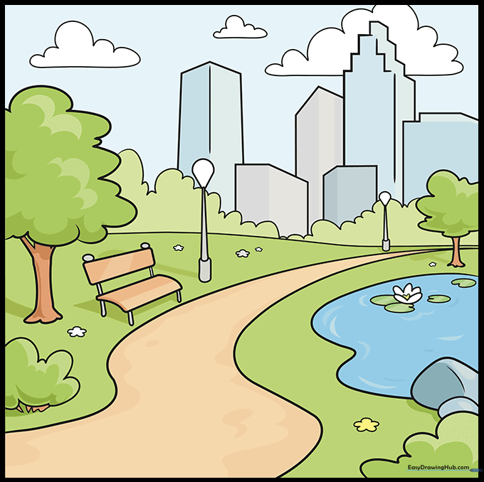 A fully colored, vibrant cartoon park scene with trees, a pond, and a city background.