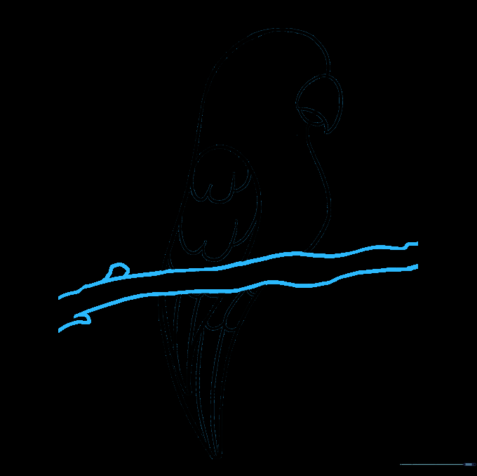 The parrot is now perched on a textured tree branch drawn with bumpy, parallel lines.