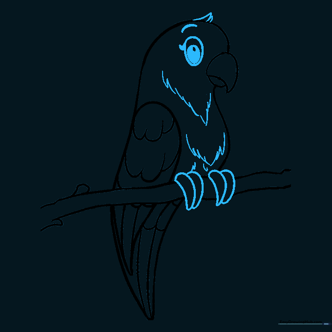 Detailed sketch showing the finished eye, head feathers, and feet gripping the branch.
