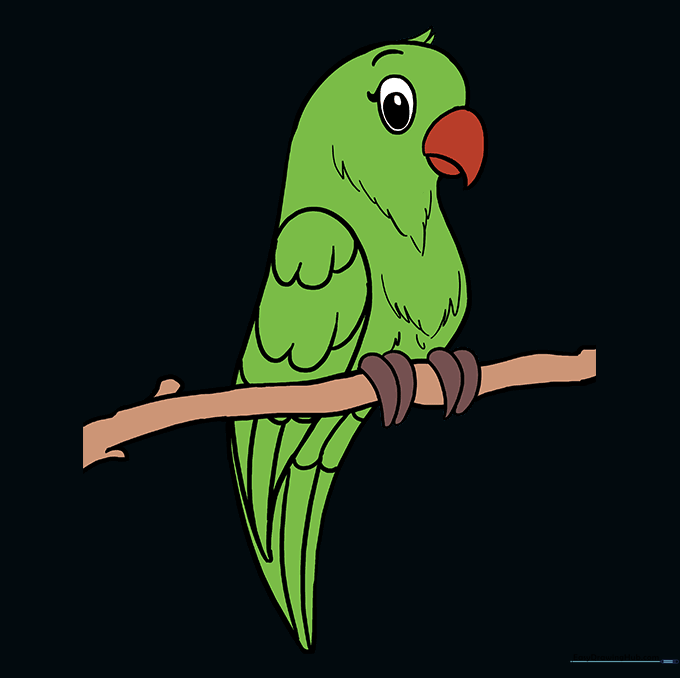 A fully colored, vibrant green parrot sitting on a branch, showcasing finished artistic details.
