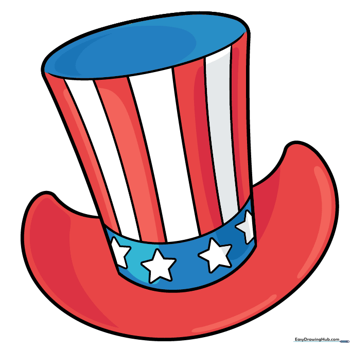 Finished, colored patriotic hat drawing with red, white, and blue theme.