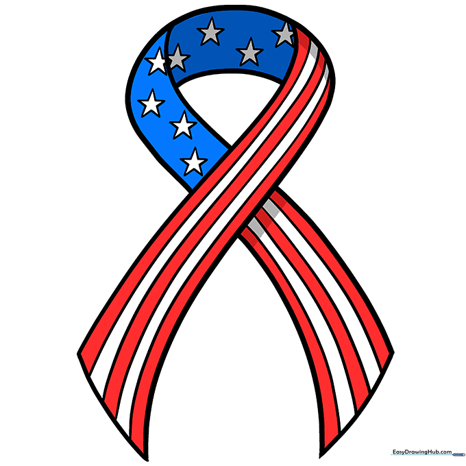 The completed patriotic ribbon drawing colored in red, white, and blue.