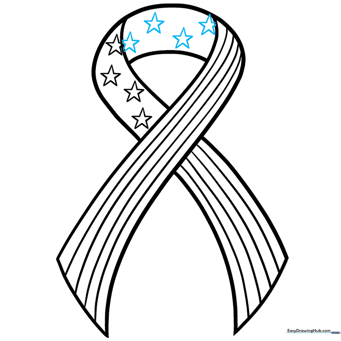 Adding final stars to the ribbon to complete the drawing outline.