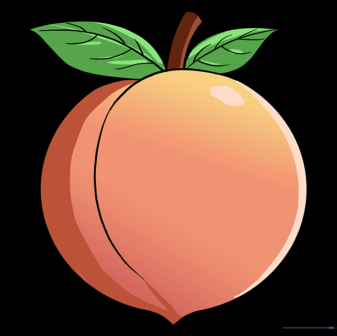 A fully colored peach drawing with vibrant orange, yellow, and green tones.