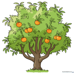 A vibrant, finished cartoon peach tree drawing with lush green leaves and ripe peaches.