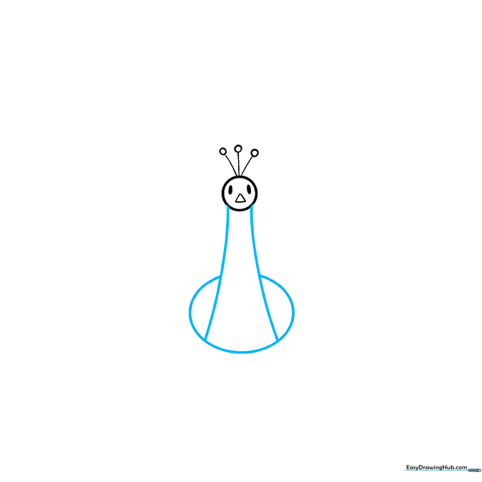 Outline of a peacock head connected to a long neck and a rounded oval body.