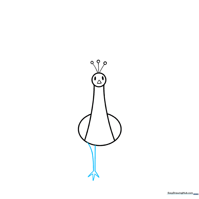 Drawing the first leg of the peacock with three distinct toes.