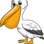 A vibrant, finished cartoon pelican drawing, perfect for kids to use as a reference.