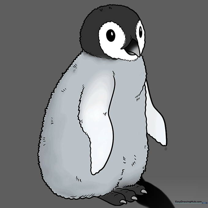 A fully colored, cute cartoon penguin chick with gray, black, and orange details.