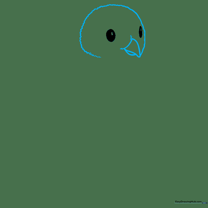 The penguin's head outline being drawn with short, textured lines and a small beak.