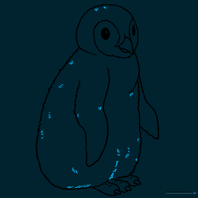 Adding final texture lines to the penguin's body to represent soft downy feathers.