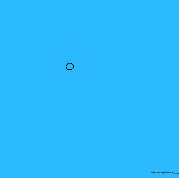 Small curved lines with loops at the ends surrounding the central circle to represent flower stamens.