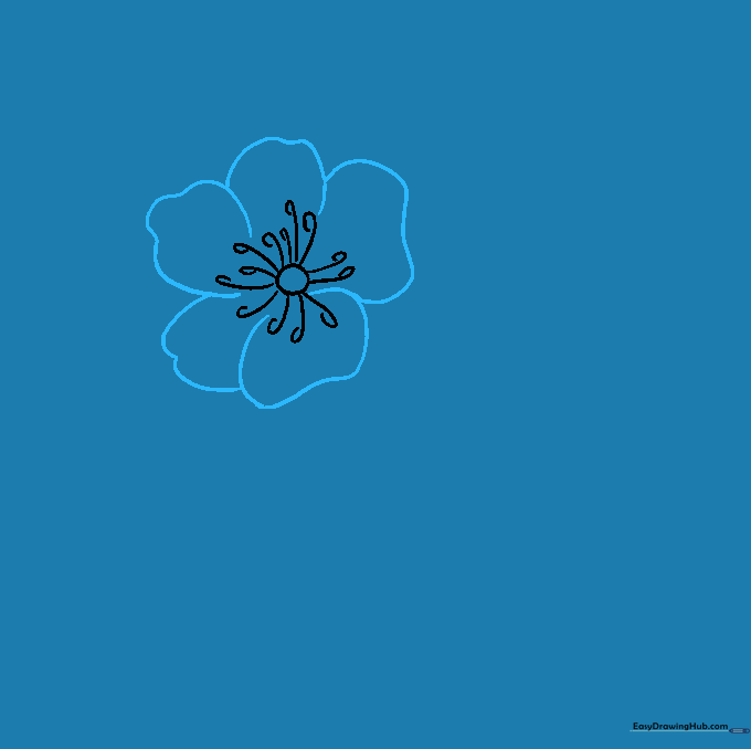 Five irregular petal shapes drawn around the central stamens of the peony.