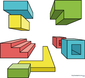 A collection of 3D geometric shapes drawn using one-point perspective.