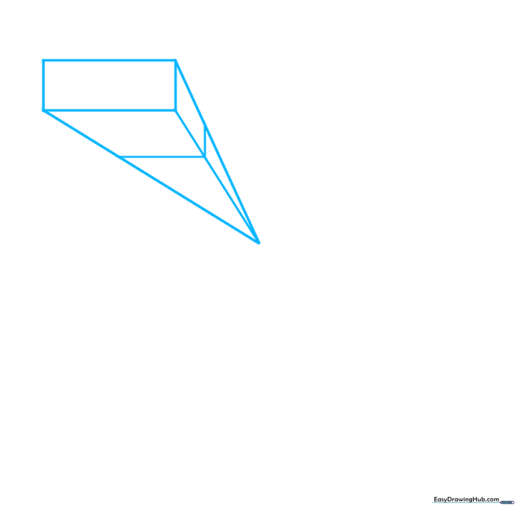 Diagram showing a central vanishing point with a rectangle connected by light perspective lines.