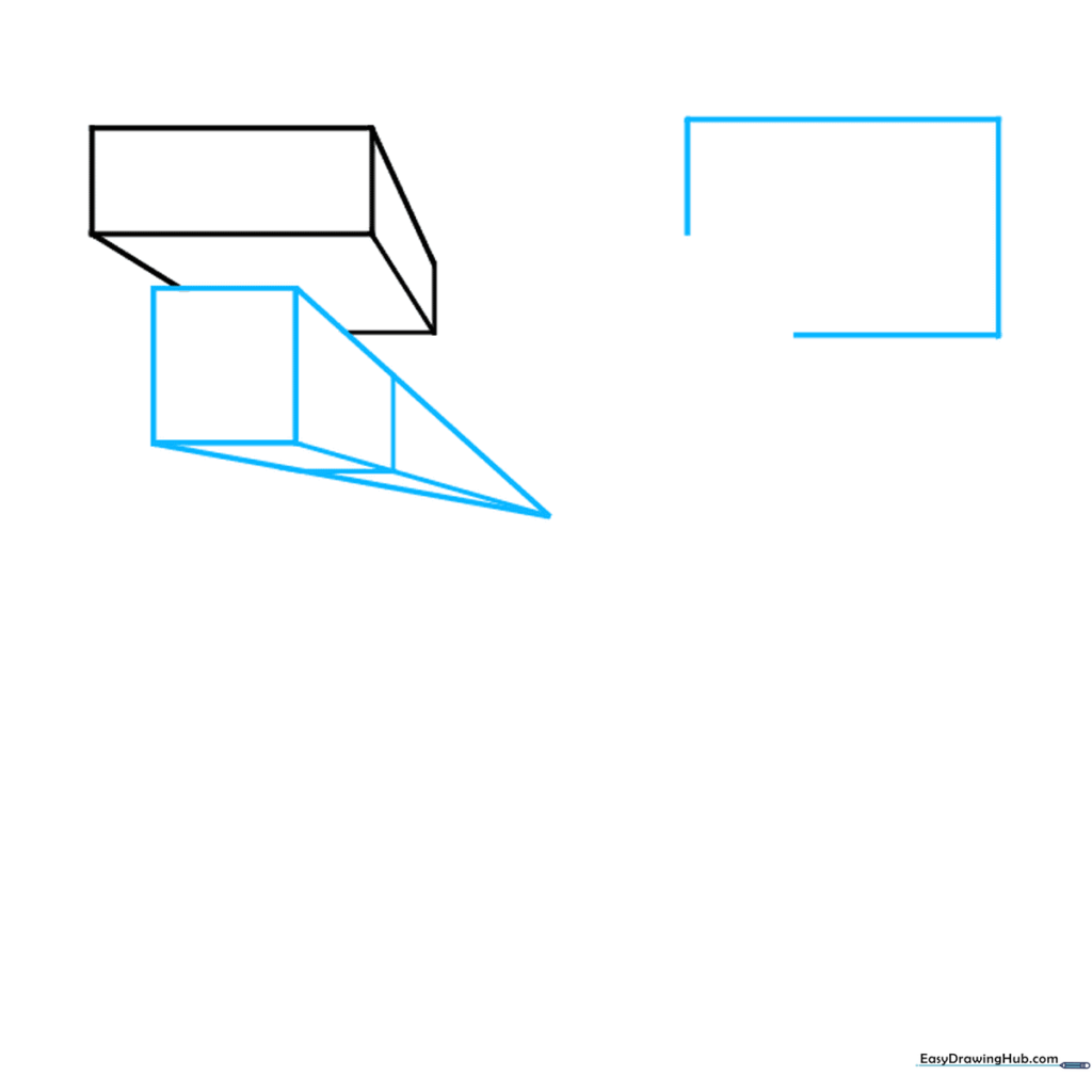 Two overlapping rectangular prisms drawn in one-point perspective.