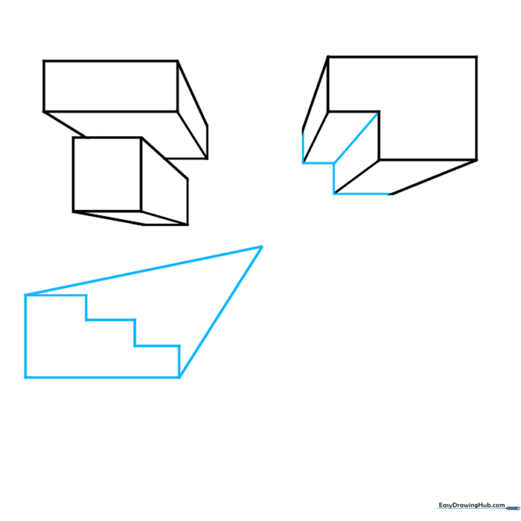 Drawing a staircase shape using one-point perspective guidelines.