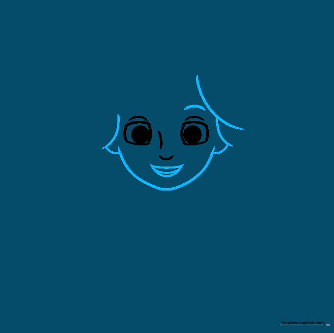 Outline of a character's face including hair, ears, and a smiling mouth.