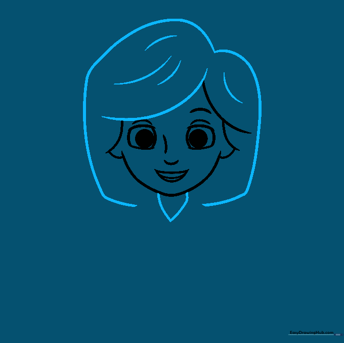 Drawing the hair frame and the neck area of the pharmacist.
