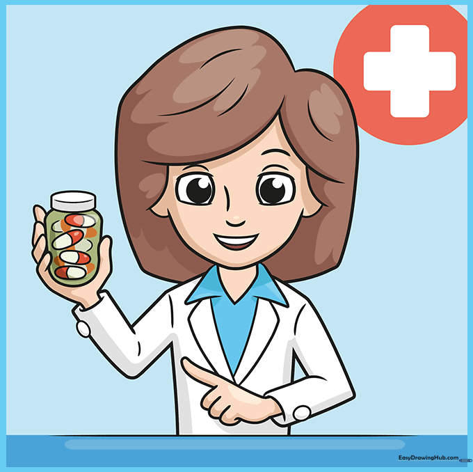 A fully colored, friendly cartoon pharmacist standing behind a counter.