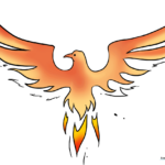 A vibrant, finished phoenix illustration with fiery wing details.