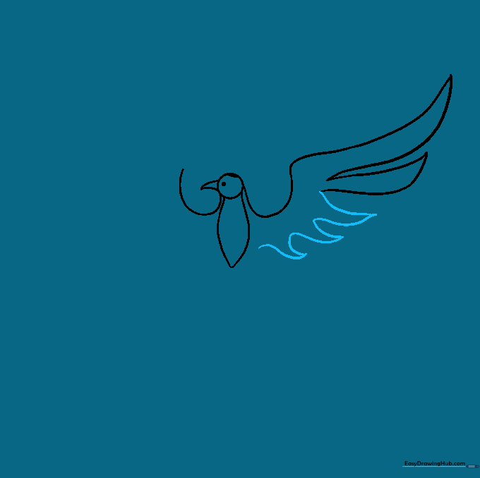 Phoenix drawing with added flame-shaped feathers under the wings.