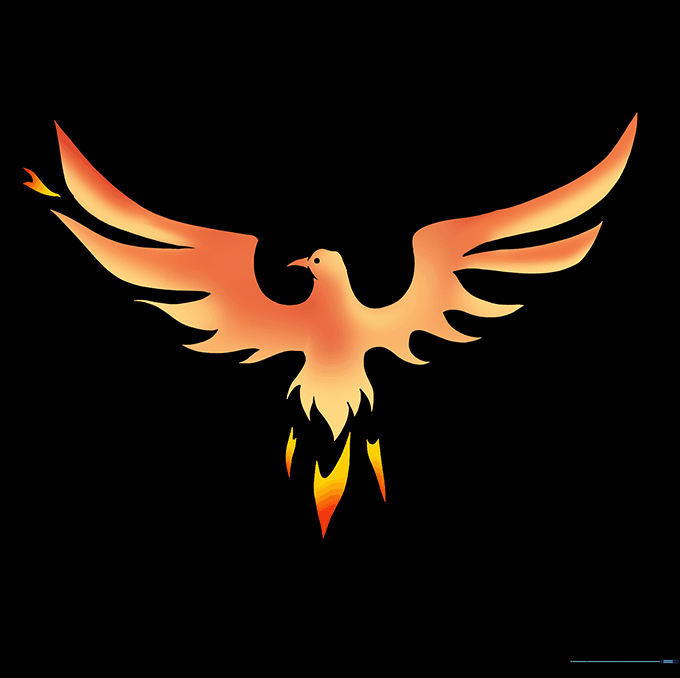 Finished phoenix drawing colored in vibrant shades of yellow, orange, and red.