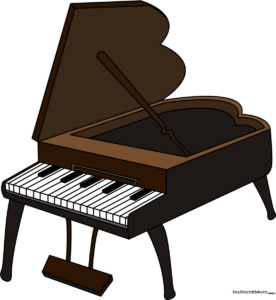 A colorful, finished illustration of a grand piano ready for a music room.