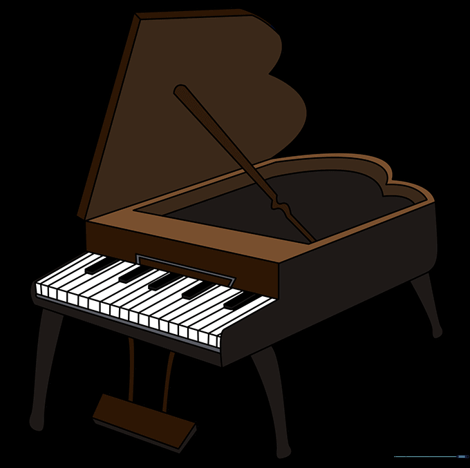 The finished piano drawing with color applied.